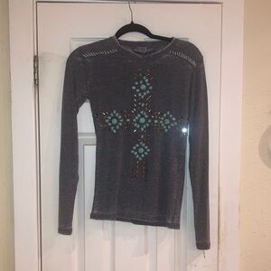 Charcoal Long Sleeve Top with Turquoise Embellishments